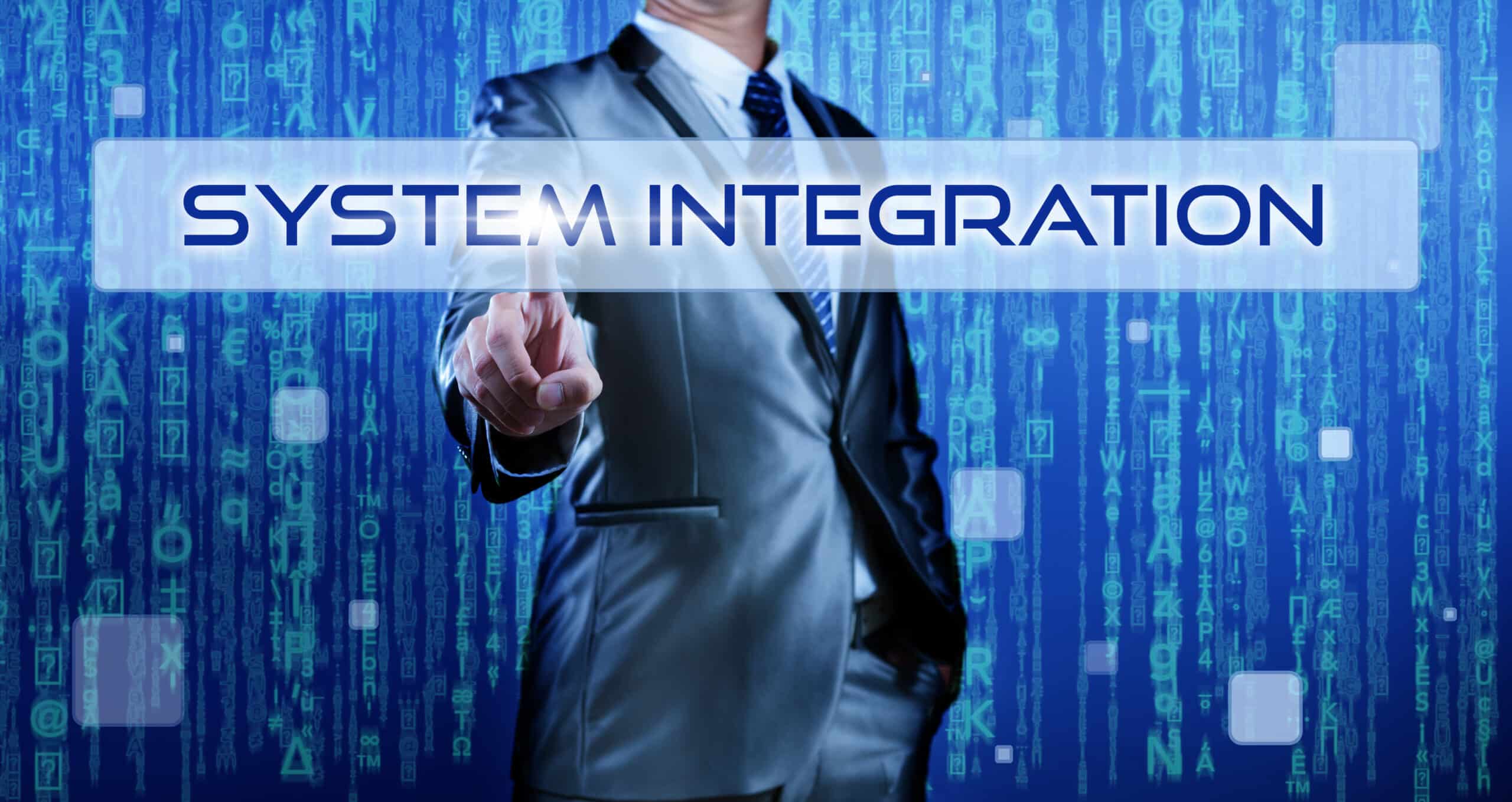 Business man with digital background pressing on button system i Business man with digital background pressing on button system integration